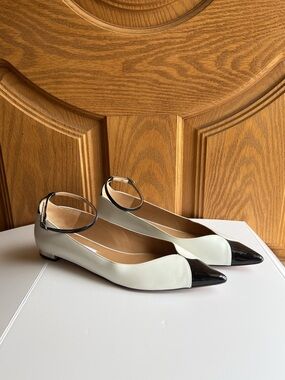 Aquazzura Pinot Ballet Flats – Two Tone White Black, Pointed Toe, Patent Cap
